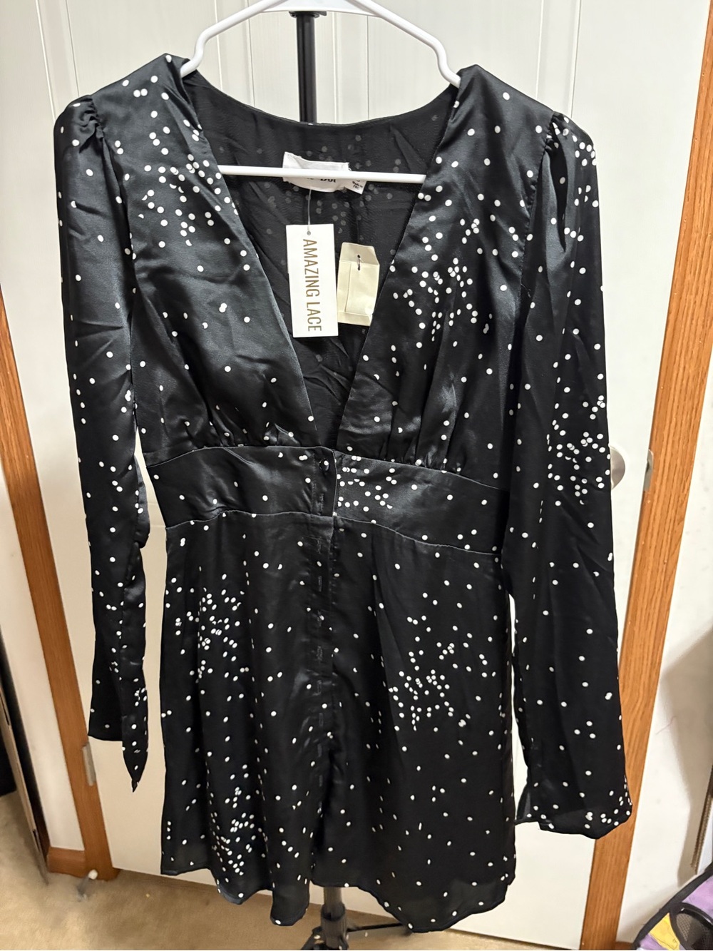 Line & Dot Black Long Sleeve V-Neck Polka Dot Dress